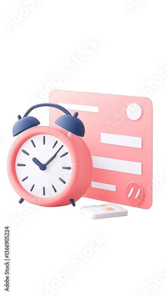 Fototapeta Pink Clock And Pink Paper Document 3D Illustration With Transparent Background
