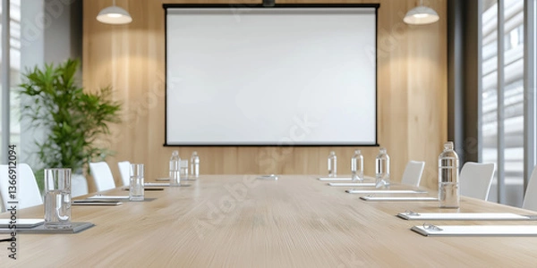 Fototapeta プロジェクター、スクリーンのある会議室4。ビジネスのためのワイド背景用イメージ。Generative AI
