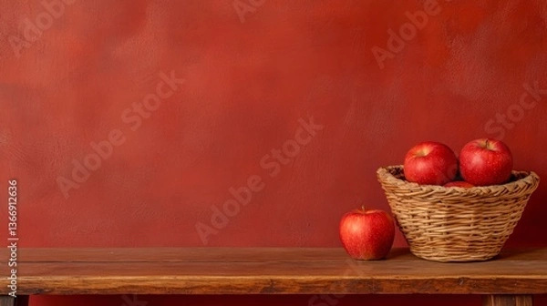 Fototapeta Vintage Style Apple Basket on Wooden Bench with Rustic Red Background