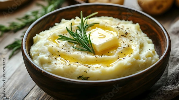 Fototapeta Creamy Mashed Potatoes with Melting Butter and Rosemary in Wooden Bowl on Rustic Tabletop