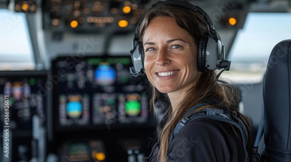 Fototapeta confident pilot smiles in modern cockpit, showcasing advanced flight instruments and controls