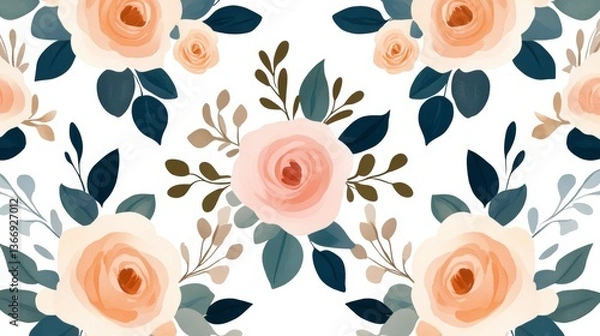 Fototapeta Elegant Floral Wedding Pattern with Soft Roses and Greenery in Seamless Design