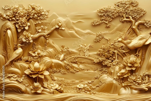 Fototapeta Golden Relief Sculpture Illustrating Peonies Birds and Scenic Landscape Art