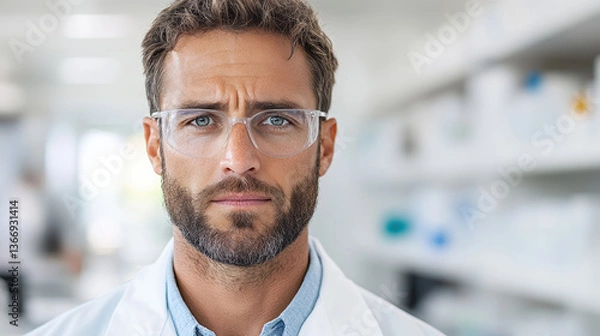 Fototapeta focused scientist in lab, wearing glasses and lab coat, exudes determination and curiosity