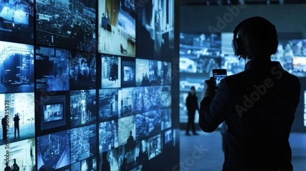 Fototapeta AI driven smart city surveillance hub monitoring urban safety with real time analytics, glowing digital displays with facial recognition and predictive security, futuristic law enforcement technology