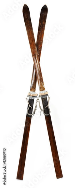 Fototapeta Pair of old wooden alpine skis isolated on white
