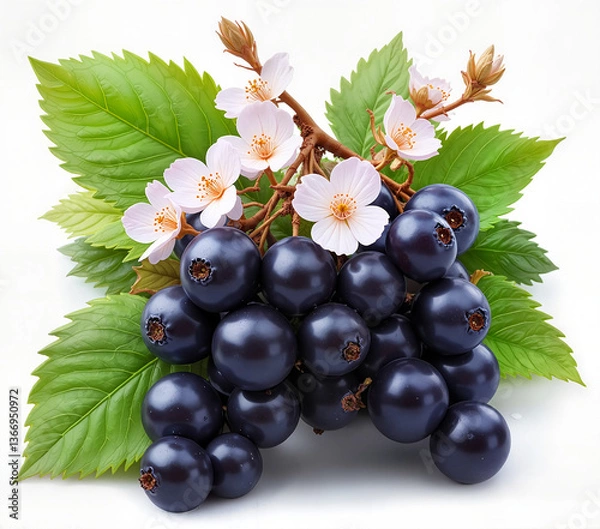 Obraz Black currants with green leaves and pink flowers on a white background