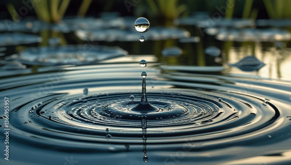 Obraz Using a hyper zoom lens, capture the moment a droplet falls into a pond, showing ripples in extreme detail