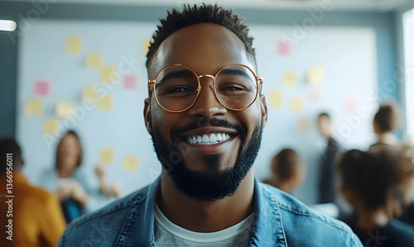 Obraz Portrait of a Smiling Black Man Wearing Glasses in a Meeting