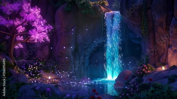 Fototapeta A magical hidden cave with a glowing waterfall flowing into a secret lagoon