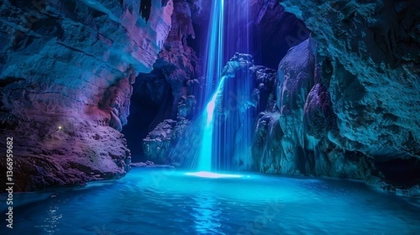 Obraz A magical hidden cave with a glowing waterfall flowing into a secret lagoon