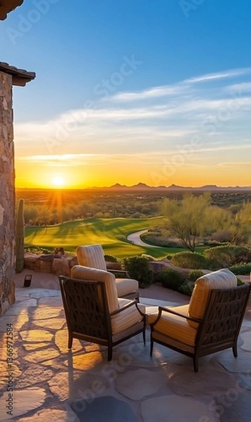 Fototapeta a patio with chairs and a golf course in the background