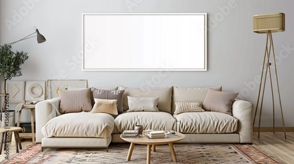 Obraz A white rectangular frame in a cozy living room, displayed above a couch, with a rug, coffee table, and a floor lamp. HD 8K mockup wallpaper Photographic Image