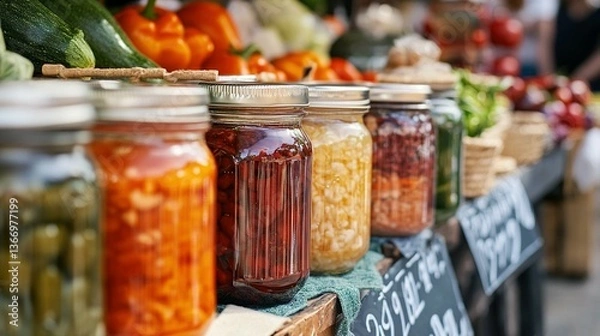 Obraz Colorful jars of pickled vegetables on display at a market