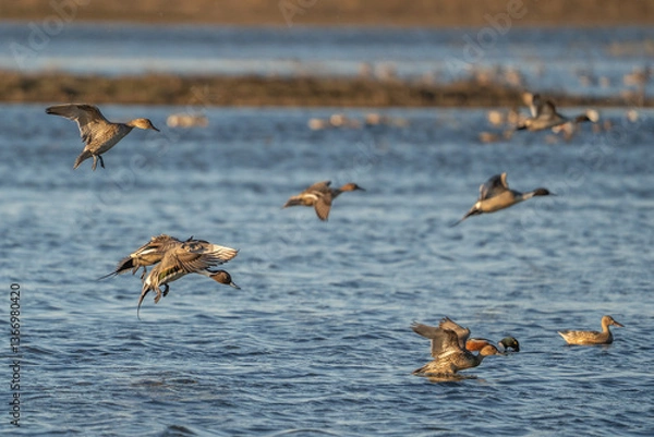 Obraz Ducks flying over water.