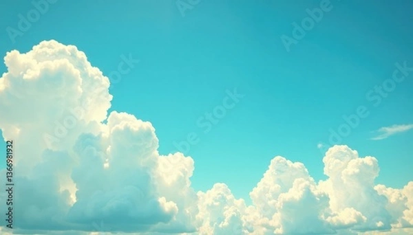 Fototapeta Retro-style sky with fluffy white clouds and bright blue hues on old paper background, sky, pastel