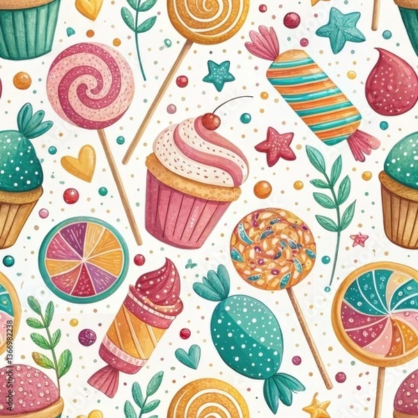 Fototapeta Seamless Whimsical Patterns Aerial View of Colorful Sweet Treats in Culinary Art