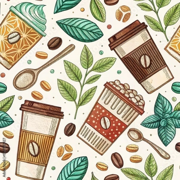 Fototapeta Seamless Beverage Patterns Cafe Digital Art Colorful Top View Design Inspiration