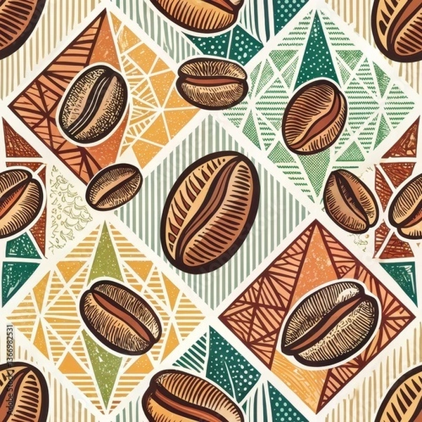 Fototapeta Seamless Coffee Bean Pattern Textile Design Artisan Market Vibrant Colors Top-Down View