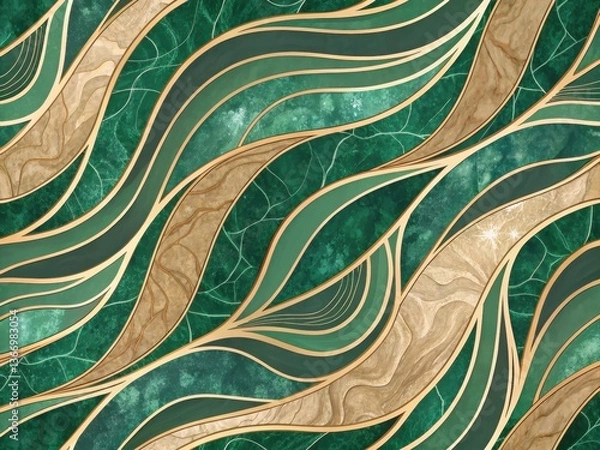 Fototapeta Seamless Abstract Wave Patterns Digital Art Green Gold Color Scheme Modern Design Artistic Viewpoint