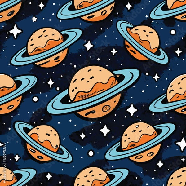 Fototapeta Seamless pattern with space for text featuring moon, food, fruits, vegetables, sea, fish, and summer elements in a cute and colorful design