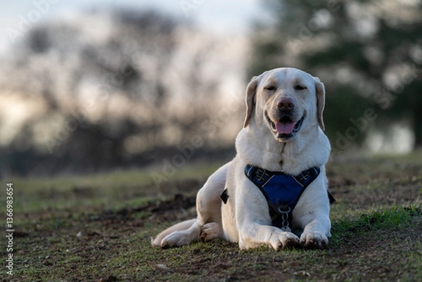 Obraz Happy Labrador wearing harness.