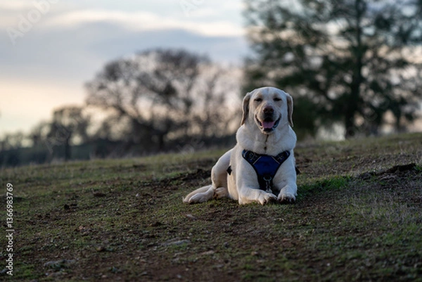 Fototapeta Labrador resting in grassy field.
