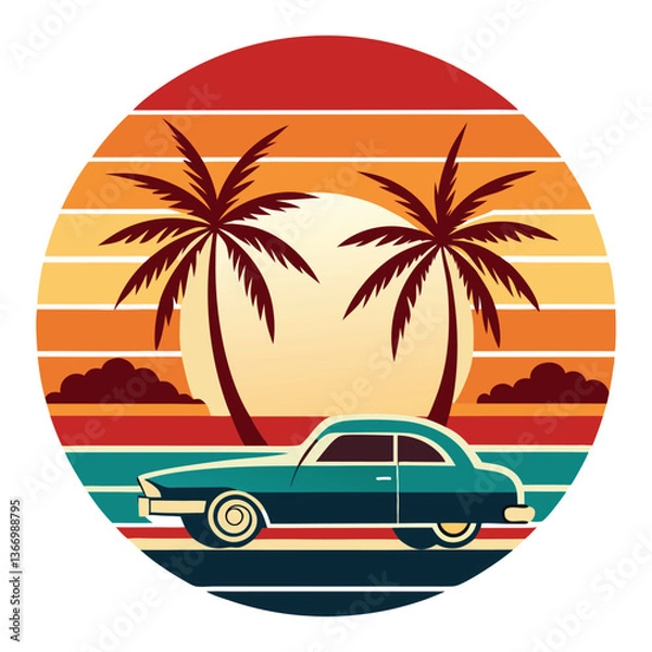 Fototapeta Vintage Coastal Dream: A vibrant illustration captures a retro car set against a tropical sunset, with palm trees and stylized layers, evoking a sense of travel and nostalgia. 