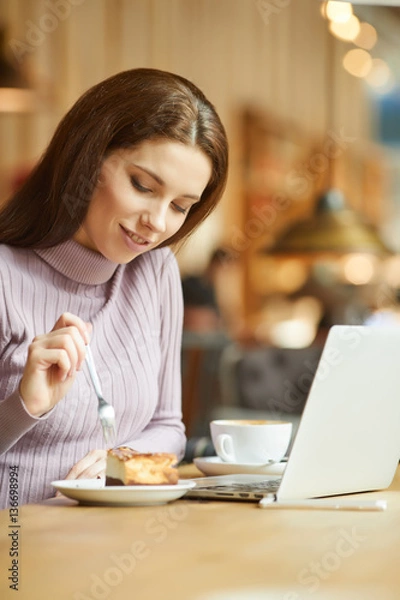 Fototapeta Beautiful brunette using laptop in cafe. Blogger work concept