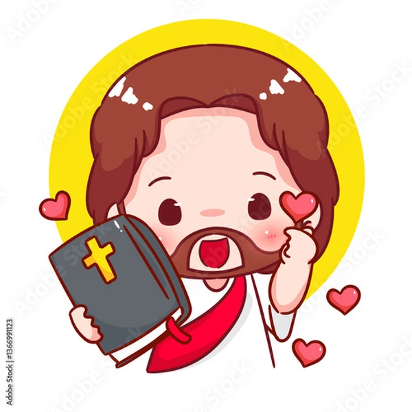 Fototapeta Cute Jesus holding bible and posing love hand sign cartoon character. Christianity concept design. Bible story vector illustration