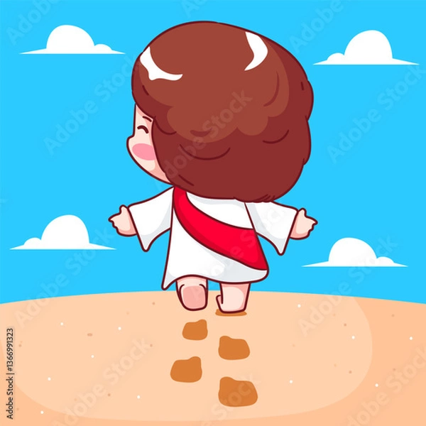 Fototapeta Cute Jesus walking with foot steps. Follow Jesus cartoon character. Christianity concept design. Bible story vector illustration