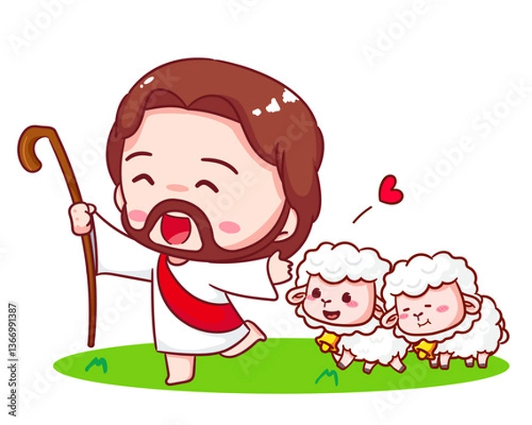 Fototapeta Cute Jesus with sheep or lamb cartoon character. Christianity concept design. Bible story vector illustration