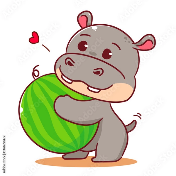 Fototapeta Cute Hippo hugging watermelon cartoon character. Adorable kawaii animals concept design. Mascot Logo sticker vector illustration.