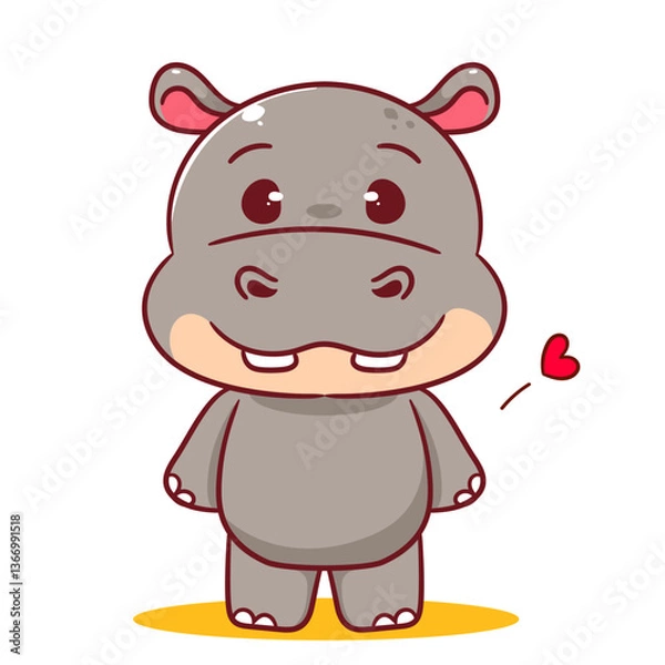 Fototapeta Cute Hippo standing front view cartoon character. Adorable kawaii animals concept design. Mascot Logo sticker vector illustration.