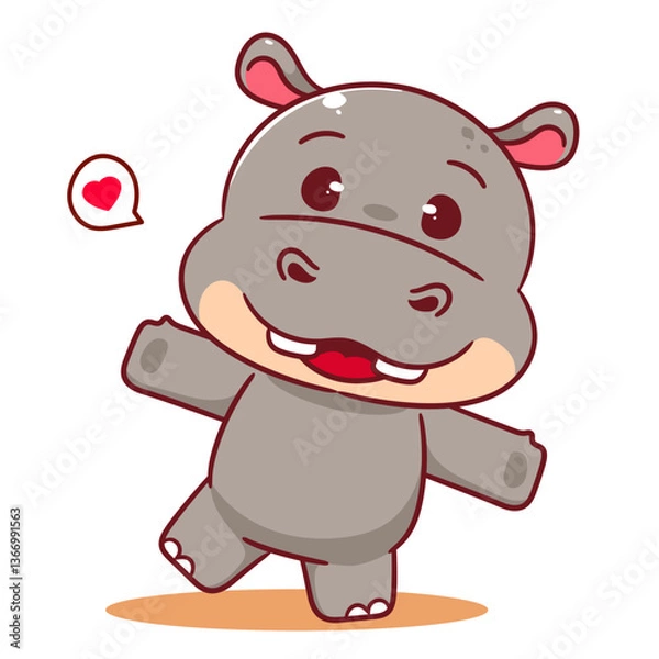 Fototapeta Cute happy Hippo smiling cartoon character. Adorable kawaii animals concept design. Mascot Logo sticker vector illustration.