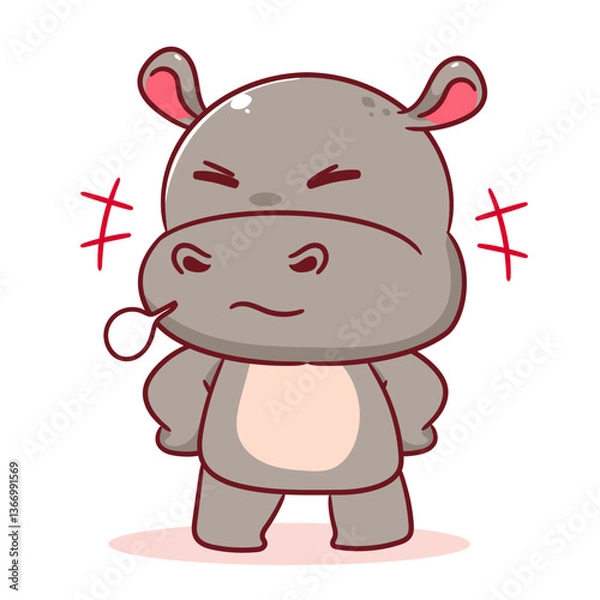 Fototapeta Cute annoyed Hippo cartoon character. Adorable kawaii animals concept design. Mascot Logo sticker vector illustration.