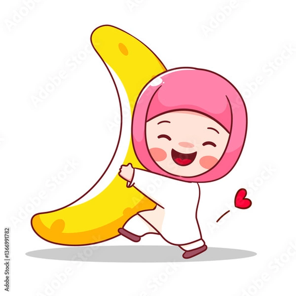 Fototapeta Cute happy moslem girl holding the moon cartoon character. Happy Eid Ramadan Islamic Concept design. Chibi and adorable vector illustration.