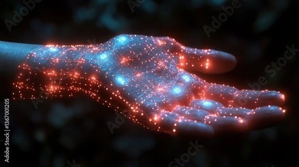 Obraz Glowing particle hand reaching out in dark digital space