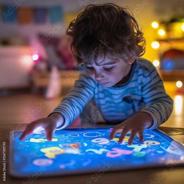 Fototapeta preschooler tracing letters on a digital AI-powered learning mat that provides instant feedback.