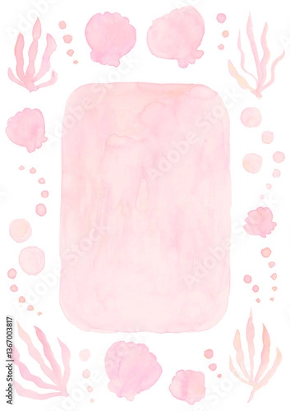 Obraz 海のモチーフ、フレーム、パステルカラー、水彩、ピンク、イエロー