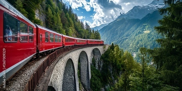 Fototapeta a red train on a bridge over a cliff
