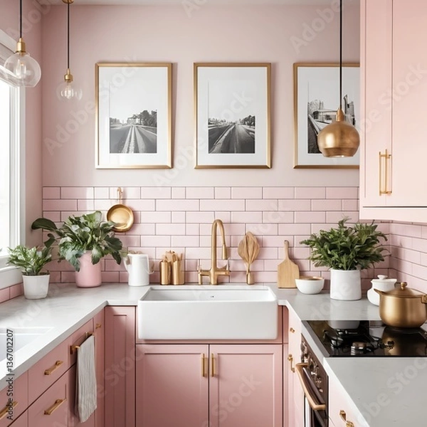 Fototapeta Pink Kitchen Interior Design with Gold Accents