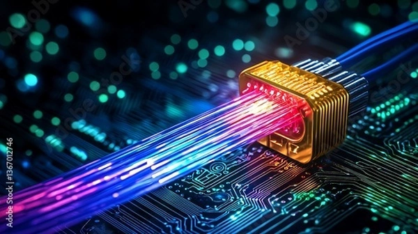 Fototapeta Data Stream with Circuit Board, and Fiber Optics.