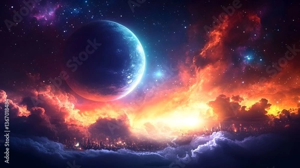 Obraz Cosmic nebula exploration outer space digital artwork vibrant environment wide view epic journey