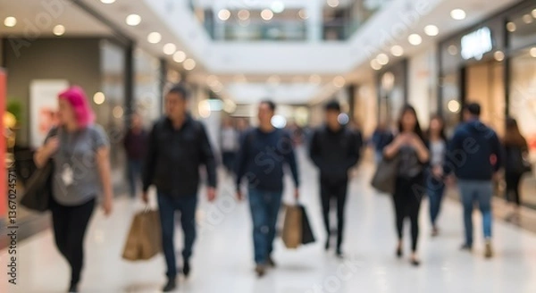 Fototapeta Blurred shopping mall with people browsing stores, perfect for retail or consumer content.
