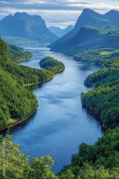 Fototapeta A scenic view of a river surrounded by mountains and forests