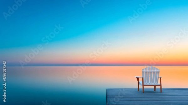 Fototapeta A serene view of an empty chair on a dock, overlooking calm waters under a vibrant sunrise or sunset sky.