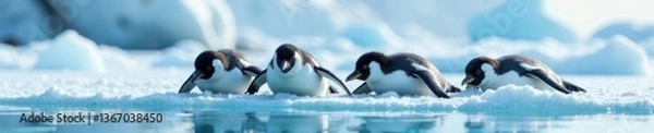 Fototapeta A family of penguins sliding on their bellies on ice, ice, snowy