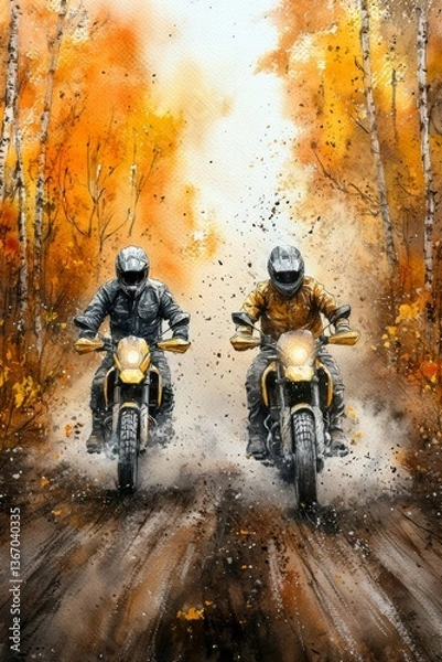 Fototapeta Two motorcyclists ride side by side through a vibrant autumn forest, kicking up leaves and dirt, with golden and orange foliage surrounding the muddy path, capturing a sense of adventure and freedom.