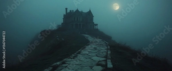 Fototapeta Majestic Mansion Amidst Eerie Mystique Under the Glimmering Moonlight Scenery
